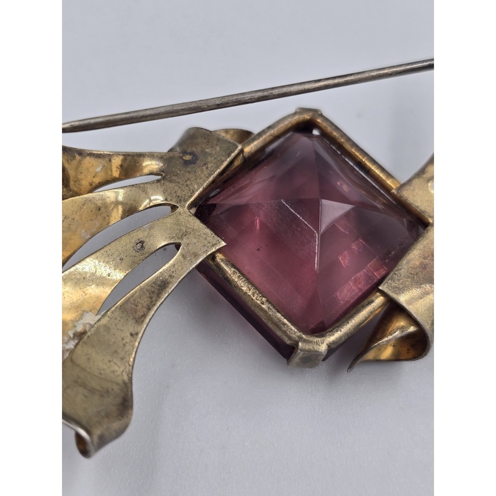 Vintage Sterling Gold Tone Purple Faceted Glass Brooch Pin Art Deco - Picture 7 of 14